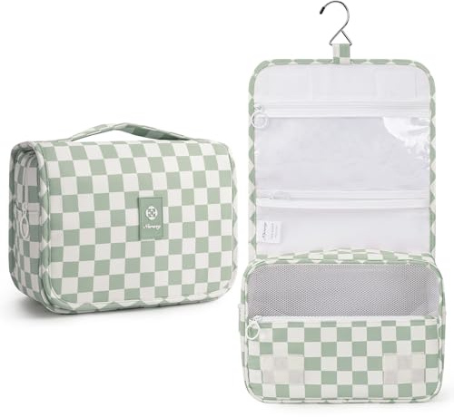 Narwey Kulturbeutel zum Aufhängen Damen Kulturtasche zum Aufhängen, Waschtasche Hanging Toiletry Bag Kosmetiktasche Schminktasche für Damen Herren (Mintgrünes Kariert)