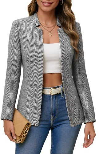 Mina Self 2025 Herbst Damen Fischgräten-Tweed-Blazer-Jacke – kariert, vorne offen, schmaler Stehkragen, voll gefüttert, trendiger Arbeitsmantel, Schwarz, L