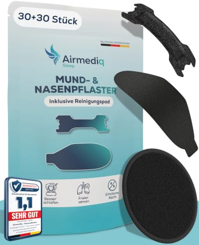 AirMediq Nasenpflaster & Mundpflaster Bundle 30 + 30 Stück gegen Schnarchen | Anti Schnarch Nose Strips & Mouth Tape Set für besseres Atmen im Schlaf. Fördert die Nasenatmung und hält sicher über Nacht.
