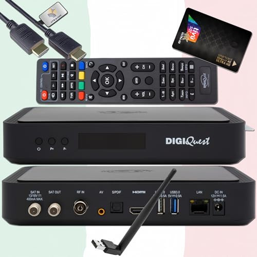 DigiQuest Q99 - Receptor satélite 4K UHD con tarjeta TiVuSat negra + llave WiFi - Italiano TV Rai Mediaset LA7, DVB-S2/T2, HEVC HDR, PVR Ready, LAN, USB, receptor certificado + cable HTS e-com HDMI