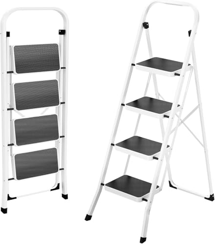 HBTower Trittleiter 4 Stufen klappbar, Trittleiter mit Anti-Rutsch-Pedal, Tragbare Robuste Tritthocker mit Handläufen, Perfekt für Küche & Haushalt, 150kg Kapazität, Weiß