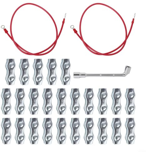 GLFLOW Electric Fence Rope Connector Kit, 25 Galvanized Steel Clamps For 5Mm Polyethylene Wire, Includes 2 Silicone Copper Leads And Wrench, For Farm Animal Fences