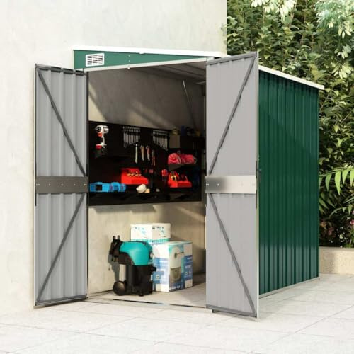 Drillkyn Abri de jardin vert 118 x 194 x 178 cm en acier galvanisé, abri à outils avec doubles portes, protection contre les intempéries pour outils, vélo, tondeuse à gazon, barbecue sur terrasse