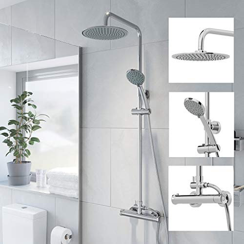 Architeckt® Thermostatic Shower Mixer Set with Rainfall Head Valve Adjustable Riser Rail Handset and Hose Showers Thermostat Round, Polished Chrome