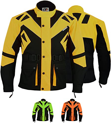 German Wear Motorradjacke Herren mit CE1-Protektoren - 5 Taschen, aus 4 Schichten, Winddicht, Reflektierend, lange Jacke - Abnehmbar & Washbar Thermofutter - Neonfarben Extra Sichtbarkeit - Gelb - XS