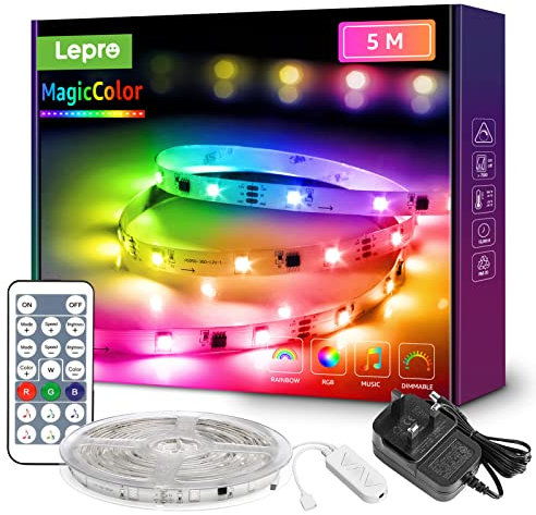 Lepro MagicColor LED Strip Light 5M, Rainbow Chasing Effects, Remote Control, 30 LEDs/M, Multiple Colours at Once, Stick on, Music Sync LED Lights for Bedroom, Gaming, Party and Room Decor