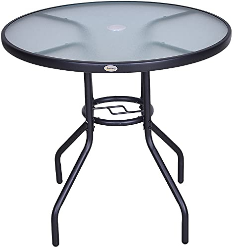 Outsunny Gartentisch Garten Beistelltisch Gartenmöbel Balkontisch Bistrotisch mit Schirmloch Hartglas + Metall Schwarz Ø80 x 72 cm