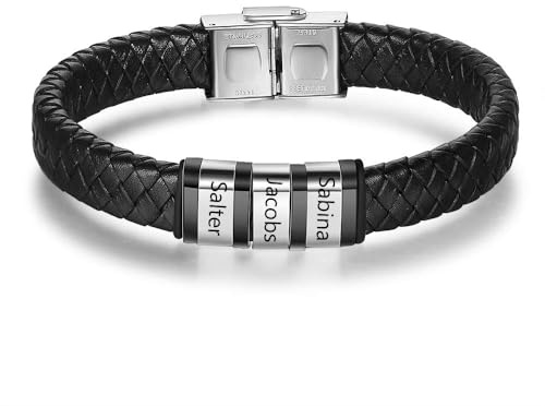 kaululu Herren Personalisierte Schwarze Lederarmbänder mit 3 Beads Familie Paar Namen mit Gravur Herren Armbänder für Männer Frauen BFF Personalisie Armketterte(Silver)