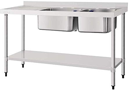 Vogue Double Sink Left Hand Drainer 1800mm, Stainless Steel, Size: 1800(W) x 600(D) mm, Sink Dimensions: 400x400 and 500x400mm, Undershelf, Standpipe Included, Flat Packed Self Assembly | DY828 | Includes undershelf and standpipe with dual bowl dimensions of 400x400mm and 500x400mm, flat-packed for self-assembly.