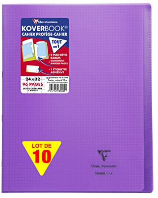 Clairefontaine 981605C - Packung mit 10 Heften Koverbook DIN A4+, 24x32cm, 48 Blatt kariert mit Rand, 90g, Einband PP, Lila, 1 Pack