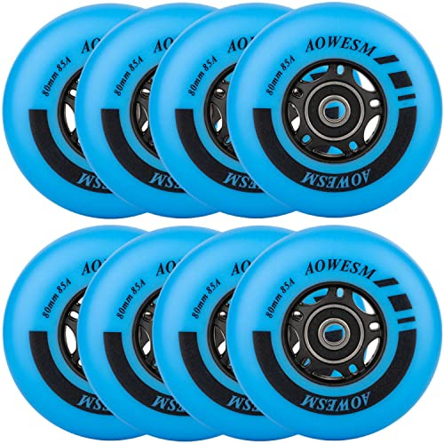 AOWESM Inline Skate Wheels 80mm 76mm 72mm 85a Outdoor Indoor Roller Blade Wheel Black Blue Red Roller Hockey Replacement Wheels w/Bearings ABEC-9 and Floating Spacers (8-Pack) (Blue, 72mm)