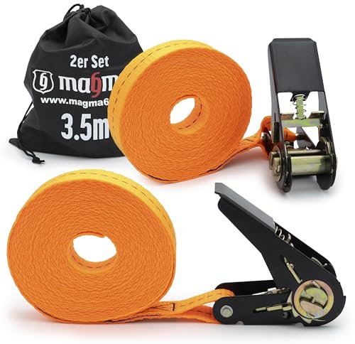MAGMA 2 Cinghie con Cricchetto 3,5m | Cinghia Fissaggio Portapacchi e Rimorchi | Cinghie di Carico Regolabili per Kayak, Tavola da Surf, Canoa, Bici, Moto | Carico di Rottura: 1600kgf/pz | Arancione