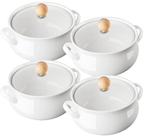 ALELION Cuencos pequeños de sopa de cebolla francesa, 16 onzas con asas dobles y tapas de vidrio, cuencos de sopa aptos para horno para guisar, chile, queso, cacerolas de pasteles, juego de 4, color