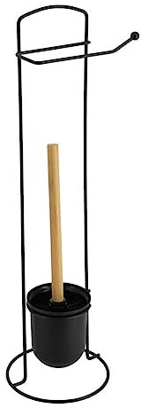 Brosse WC avec support et Dérouleur Papier Toilette en métal Noir et Bambou H 58 cm - TENDANCE