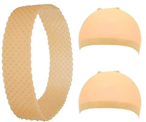1Pcs Non-Slip Silicone Wig Band with 2Pcs Wig Stocking Caps, Adjustable Elastic Wig Headband for Women & Men, Anti-Slip Hairband for Daily Wear