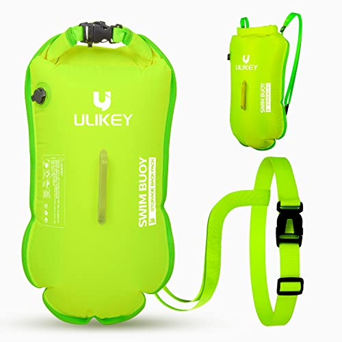 Ulikey Bouée de Natation 2 en 1 et Sac à Dos étanche, 28L Bouée de Natation Gonflable Swim Buoy Eau Libre pour Triathlètes, Kayakistes, Plongeurs en Apnée (Vert)