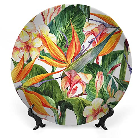 LIGUTARS Decorative Plates, Tropical Print Ornament, Exotic Flowers Bird of Paradise, 10 Inch, 1 Plate with 1 Display Stand, Multicolor