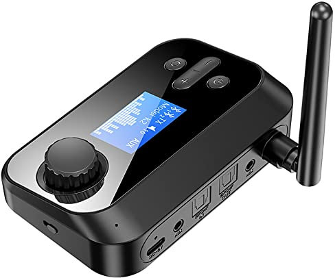 Portable Aux Bluetooth Car Adapter, Bluetooth Transmitter Receiver with LCD Display, Low Latenc and Pairs 2 Devices Simultaneously, Support AUX In/out, Optical Output/input and TF Card Playback