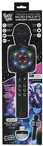 PARTY TIME Micro Karaoké LED avec Lampe Disco USB 3W Noir | Plastique ABS, micro karaoké LED, lampe disco, USB 3W, accessoire de fête, soirées, noir