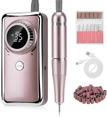 Madenia Rechargeable Nail Drill 35000RPM Professional, Electric Nail Files Portable USB e File for Acrylic Nails Gel, Adjustable Speed Electric Manicure and Pedicure Set with 6 Drill Bits