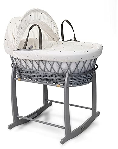 Clair de Lune Lullaby Hearts Babykorb, Weidenkorb, mit Schaukelständer, Grau