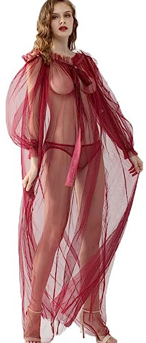 NICEYEA Camicia da notte da donna sexy in pizzo trasparente vestaglia per maternità servizio fotografico piuma negligee biancheria da notte bikini copertura up estate spiaggia pocho, Colore: rosso