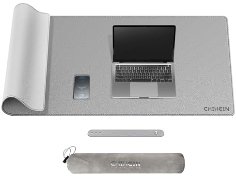 Chihein 120 x 50cm 3XL PU-Leder-Schreibtischunterlage (grau/weiß), doppelseitige Mauspad, wasserdichte Computer-Schreibtischunterlage für Gaming, Büro, Zuhause