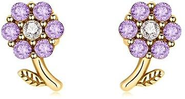 Boucles d'oreilles pour femme en argent originales fleurs formées de zircons violets. Boucle d'oreille pour femme argent ou or 18 carats, idéales pour un cadeau d'anniversaire... (Plaqué or)