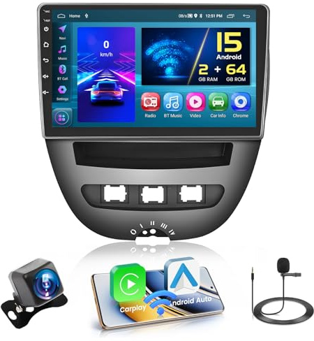Hikity 2+64G Autoradio para Toyota Aygo/Peugeot 107/ Citroen C1 2005-2014 | 10.1 pulgadas Radio Android 15 con Wireless CarPlay Android Auto y Bluetooth FM/RDS GPS WiFi SWC Navi micrófono