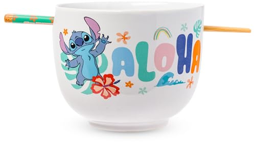 Silver Buffalo Disney Lilo and Stitch Aloha Tropische Keramik-Ramen-Nudel-Reisschale mit Essstäbchen, mikrowellengeeignet, 590 ml