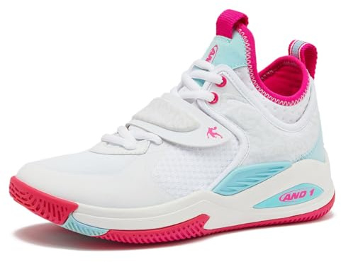 AND1 Gamma 4.0 SS Boys & Girls Basketball Shoes, Kids Youth Cool Basketball Sneakers with Strap - White/Dark Pink, 4 Big Kid