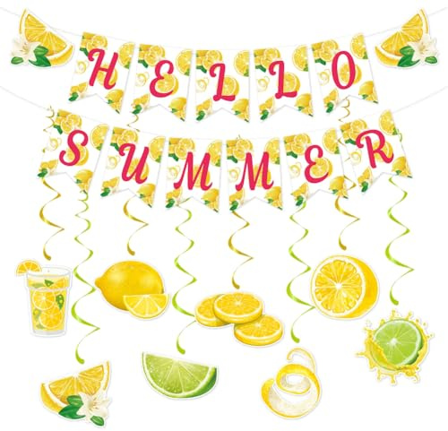 Sommer Party Banner Deko 18 Stück,Hallo Sommer Banner Bunting mit Zitrone Hängende Wirbel, Hawaiian Party Bunting Für Sommer Beach Hawaii Zitrone Thema Obst Geburtstag Garten Party Deko