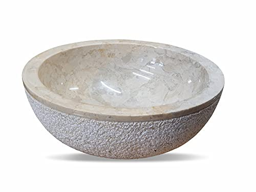Kinaree Naturstein Waschbecken Marmor - Aufsatzwaschschale in 2 Größen mit rauer Außenfläche und polierter Innenfläche - beiges Kalkgestein mit Heller Maserung (Ø 30 cm)