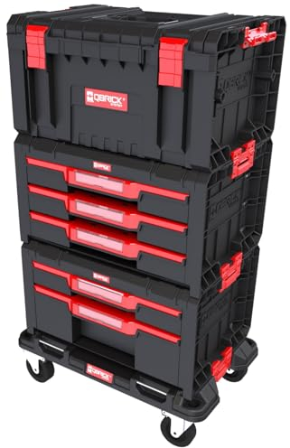 QBRICK - Werkzeugtrolley mit Werkzeugkasten Leer und Schubladen - 3er-Set - Werkstattwagen Leer mit Rollen, Werkzeugbox mit Organizer, Stapelbar - Qbrick System PRO Drawer Workshop Set Nr 2