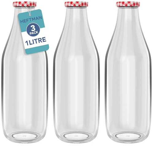 HEFTMAN Glass Milk Bottles with Lids - Empty 1 Litre Set of 3 Airtight Milk Bottle with Red Gingham Lids for Beverages, Drinks & Décor - Retro Glass Juice Bottles for Weddings, BBQ's & Picnics