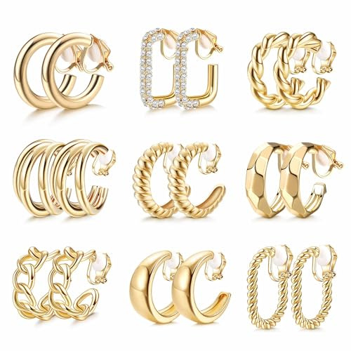 YADOCA 9 par guldklämmor örhängen dam allergivänliga 14K guldpläterade guld chunky creoler öronclips utan öronhål clips örhängen set modesmycke gåva, Legerat stål