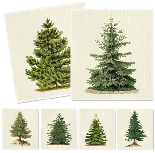 AnyDesign Christmas Swedish Kitchen Dishcloth Retro Xmas Tree Cotton Towel Beige Green Absorbent Dish Towel for Winter Housewarming Cleaning Wipes, 6Pcs, 7 x 8 Inch