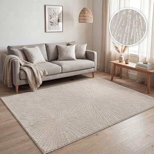 Paco Home Teppich Wohnzimmer Kurzflor, Moderne geometrische abstrakte Muster, 3D-Effekt, Regenbogen und Karo Design, glänzend luxuriös Ton in Ton, Farbe:Beige - Abstrakt, Grösse:80x150 cm
