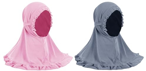 JIAHG 2pcs Hijab Fille 2-4 ans avec Bonnet Intégré Foulard de Tête à Bordure Plissée pour Fille Musulmane Arabe Africaine Malaisienne Écharpe Cagoule Doux et Confort