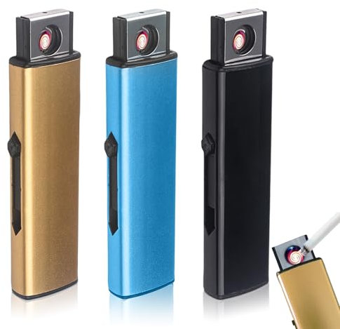 Lot de 3 briquets électroniques tempête électriques avec port USB, allumage double face, sans flamme, coupe-vent, rechargeables, sans gaz (noir + argent + bleu)