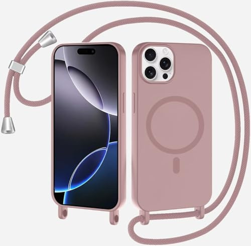 SLWYF Magnetische Handykette für iPhone 12 Pro Max Hülle mit Band, Handyhülle Kompatibel mit MagSafe, Silikon Seil Necklace Handyhülle PU Stoßfest mit Abnehmbar Kordel zum Umhängen Case - Sandpulver