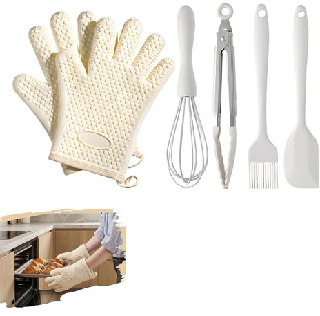 5 Stück Silikon-Ofenhandschuhe, rutschfest, mit Fingern, hitzebeständig, 300 Grad, wasserdichter Küchenhandschuh mit 4 Backwerkzeugen für Grillen, Mikrowelle, Creme