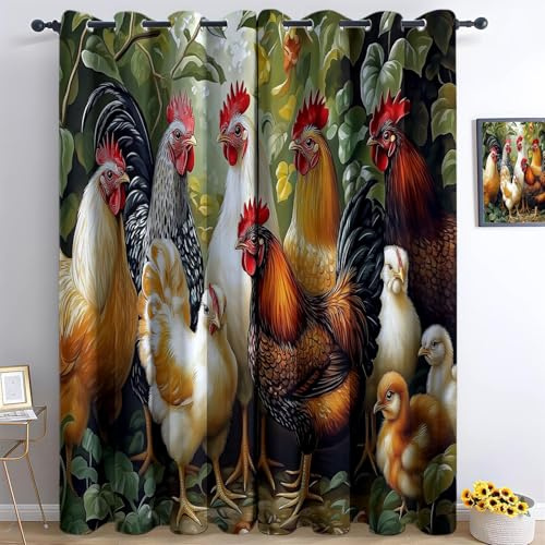 Rideau Occultant Peinture l'huile Ferme Coq, Rideaux Oeillets Protecter la Confidentialité Brun Isolation Lumineux, Chambre L 140 x H 260 cm (2 Panneaux)