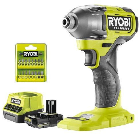 RYOBI - Visseuse à chocs 18 volts ONE+, sans fil, BRUSHLESS - 300 Nm - réception hex 1/4 - 1 Batterie 2Ah + Chargeur Rapide - 17 Emboutsde vissage