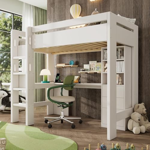 Merax Kinderbett Hochbett 90x200 cm, mit Schreibtisch(Ladefunktion), Stauschrank und Bücherregal, Multifunktionales Einzelbett mit Leiter und Stauraum, Ohne Matratze, Weiß/206x108x175cm
