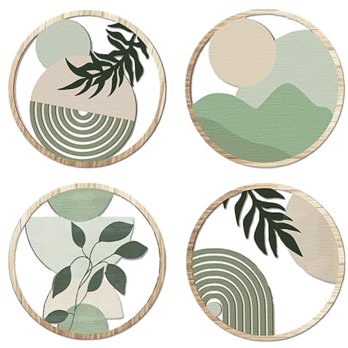 Exquilnova 4 Stück Holz Boho Wand Deko, Boho Wanddeko Grün, Moderne Wanddeko Wohnzimmer, 3D Runde Vintage Wanddekoration für Bauernhaus Flur Schlafzimmer Kinderzimmer (Grün 4 Stück)