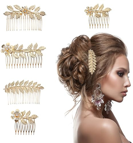 5 Stück Haarschmuck Hochzeit, Gold Haarkamm Kristall Blumen Haarklammern Retro Braut Strasssteine Steckkämme zum Stecken Braut-Haarteil Goldene Haarkämme French Comb für Damen Brautjungfer