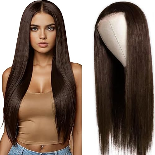 Weeybay Echthaar Perücke für Damen Perücken Straight Human Hair Wig 4X4 Lace Closure Chocalate Brown 150% Density Unprocessed Remy Hair Glueless Perücke Braun 34 Zoll