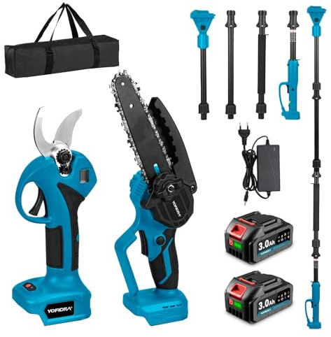 Yofidra 6 Zoll Teleskop Kettensäge Akku & 30mm Astschere Elektrisch, 180° Einstellbarer Winkel, 4-in-1 Gartenwerkzeug Set mit 2x3000mAh Akku und Ladegerät, Max. Reichweite bis 4,6m