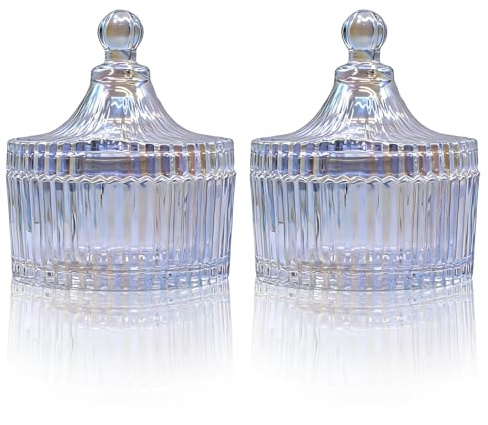 MC MEICHUANG 2 Pack Glass Sweet Jars for Candy Buffet with Lids, Apothecary Jar, Bathroom Storage Organizer for Cotton Jewelry, Sweets, Wedding (Crystal Colorful)